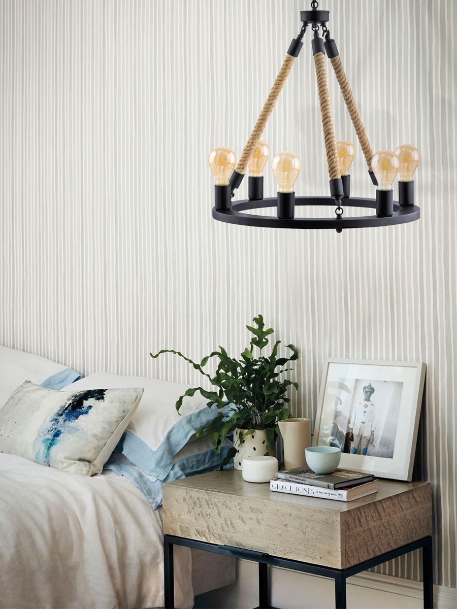 фото 49694 Подвес FINDLAY, 6х60W(E27), ?560, H1500, сталь, черный, канатные веревки