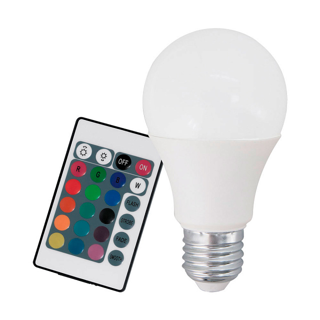 Лампа светодиодная диммируемая RGB с пультом упр-я A60, 9W (E27), 3000K, 860lm