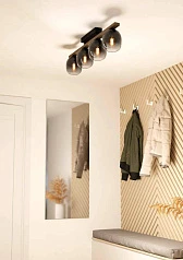 900185 Потолочный светильник FILAGO, 4x40W, E27, L880, B145, H250, сталь, дерево, черный, коричневый/стекло, темно-серый полупрозрачный в Санкт-Петербурге