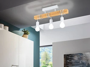 фото 33166 Потолочный светильник TOWNSHEND, 3х60W (E27), L550, B105, H265, сталь, белый/дерево, коричневы в интерьере в Санкт-Петербурге