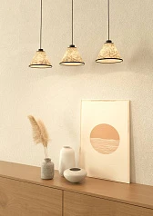 купить стильные 43943 Люстра OXPARK, 3X25W (E27), L920, B220, H1100, сталь, черный / текстиль с листьями бамбука, белый, зеленый в Санкт-Петербурге